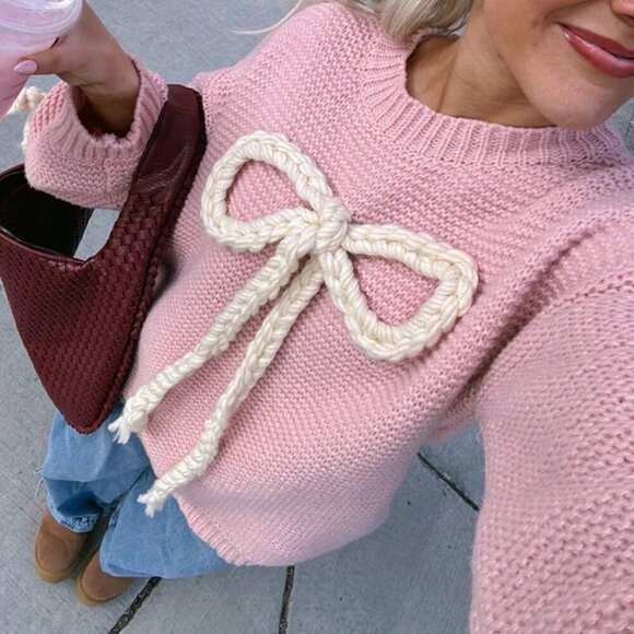 Pink Casual Women's Round Neck Bow Design Long-Sleeved Knit Sweater - Picture 4 of 10